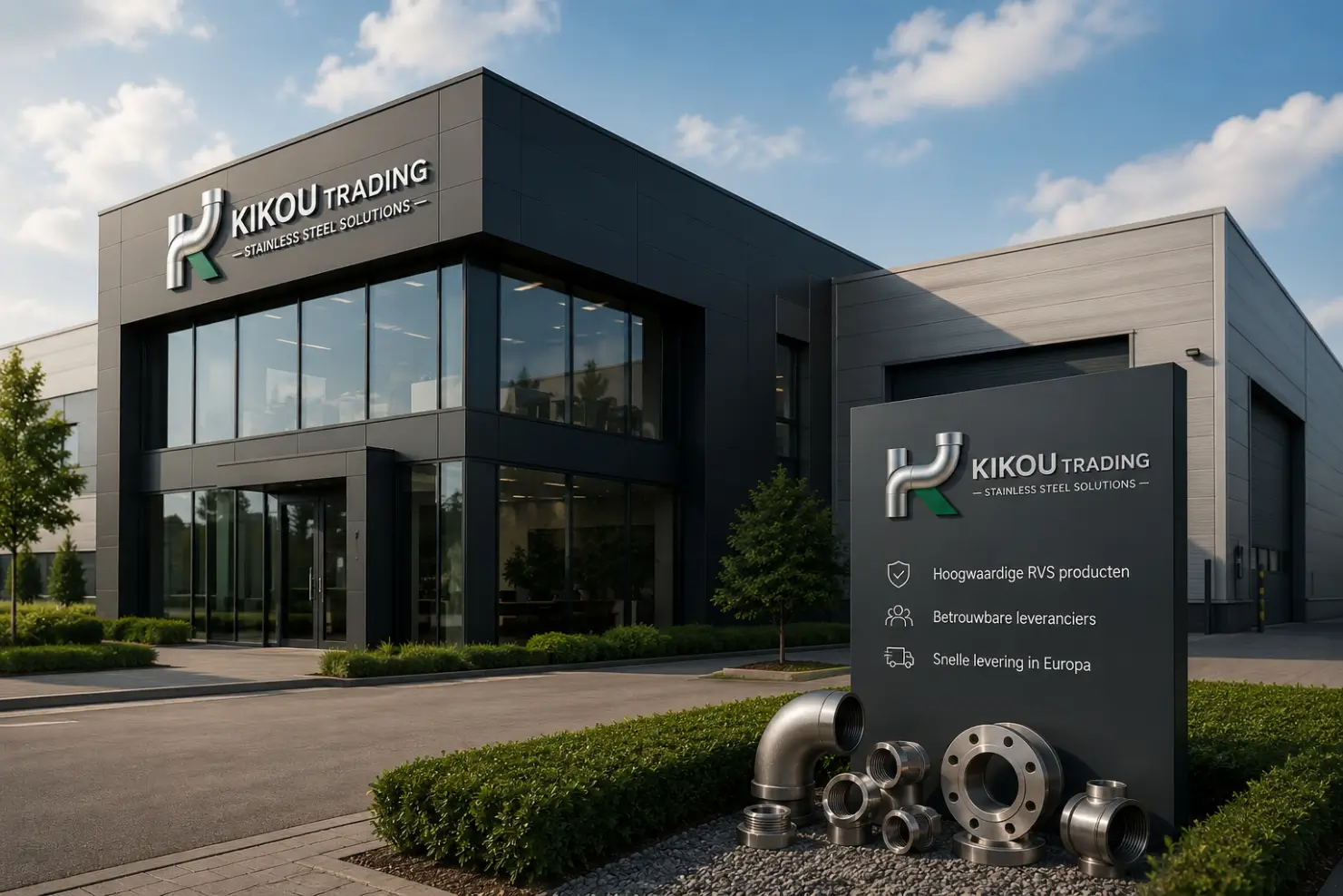 Modern bedrijfspand van Kikou Trading, leverancier van hoogwaardige RVS fittingen, flenzen en buizen voor industriële toepassingen in Nederland.